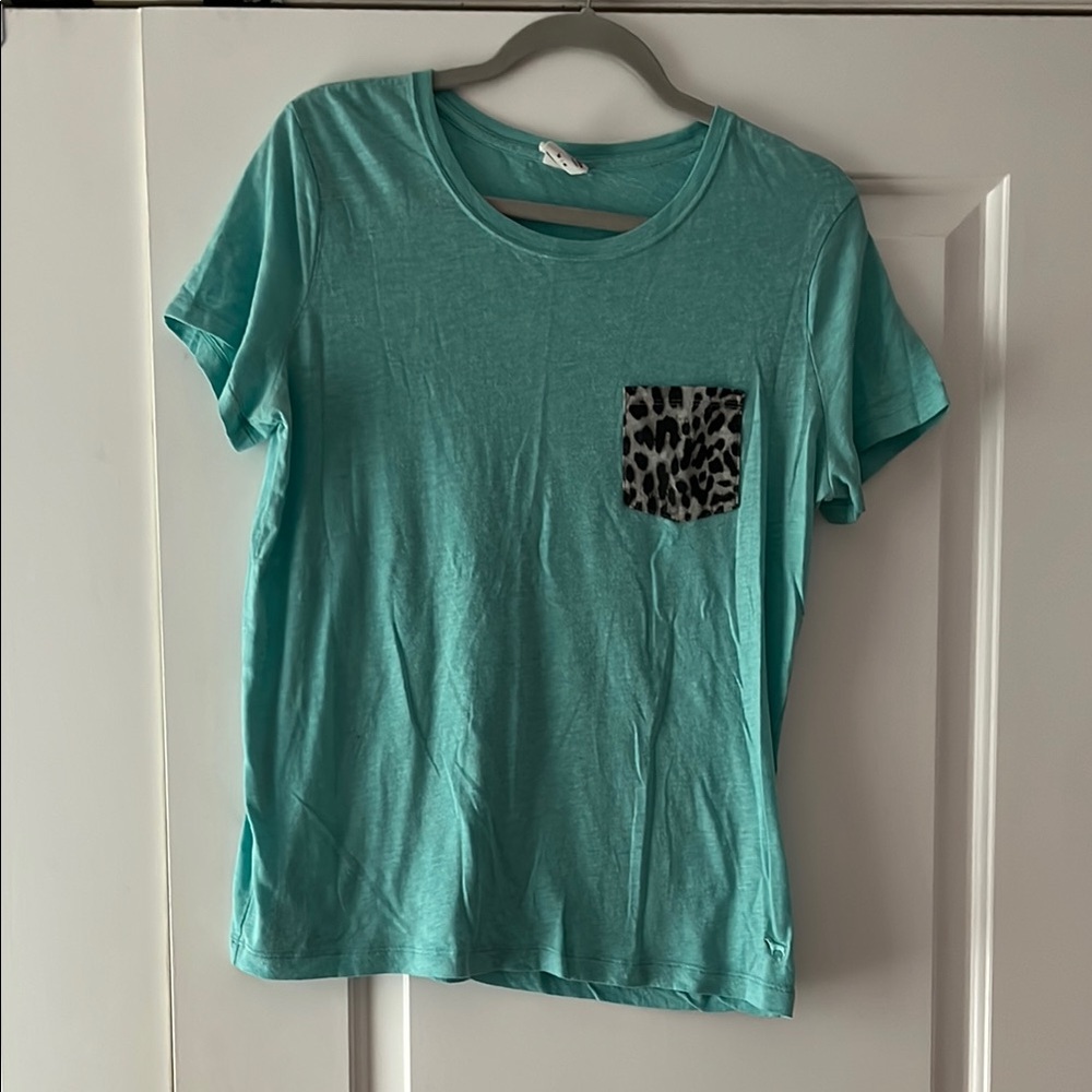 Victoria's Secret Teal Short Sleeve Tee with Leopard Pocket